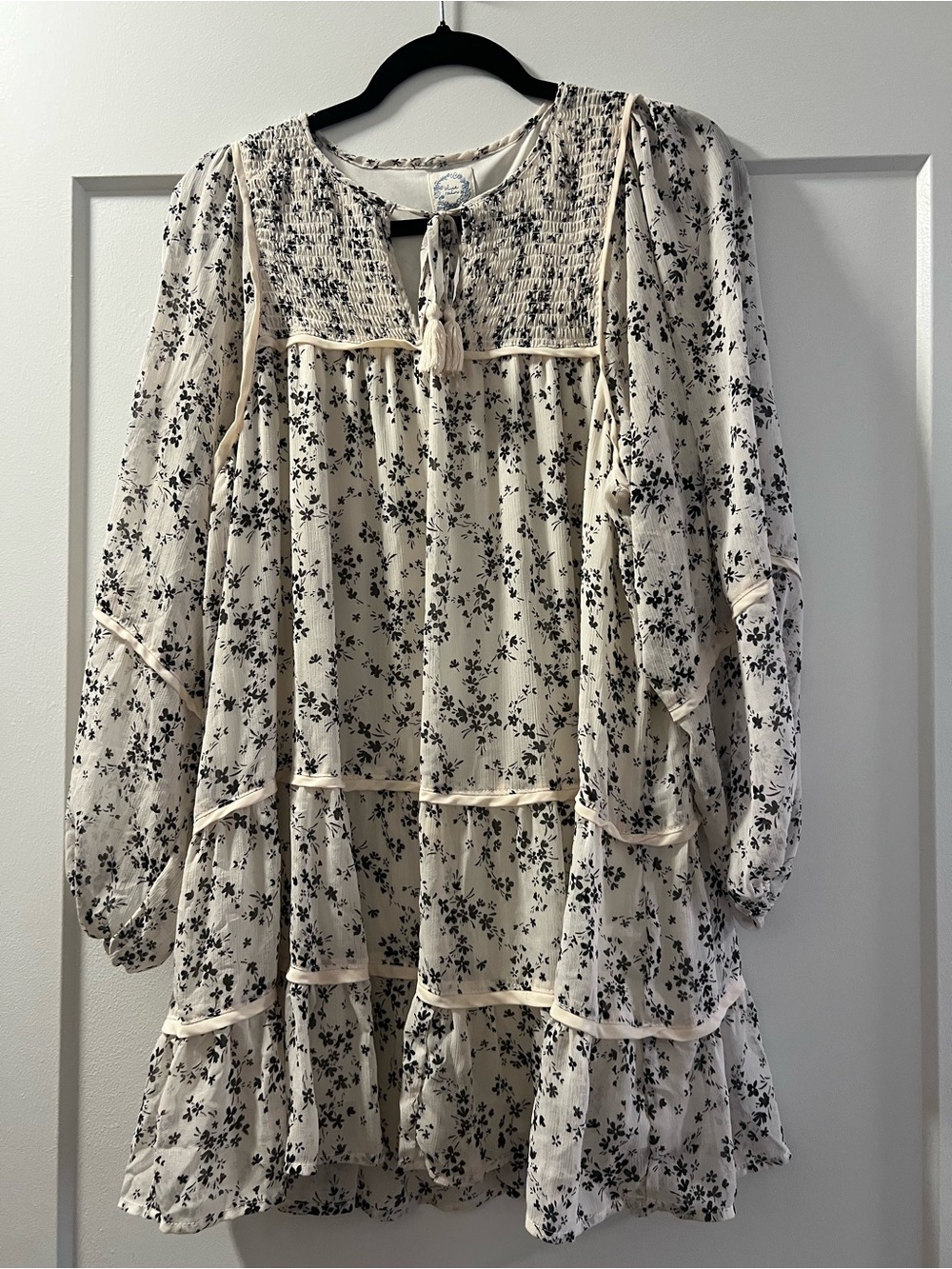 Ivory Floral Dress with Black Print